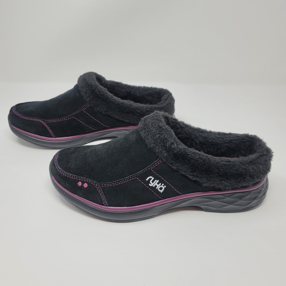 Ryka Womens Black Purple Suede Faux Fur Comfort Slip On Clogs Mules 7.5W New - Picture 3 of 10